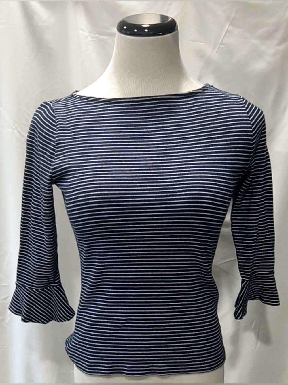 Lauren Ralph Lauren Petite Striped Boatneck Top 3/4 Bell Sleeve Navy White PS